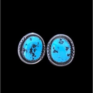 Vintage Navajo Sterling Silver Turquoise Oval Earrings Pierced Studs Signed RB